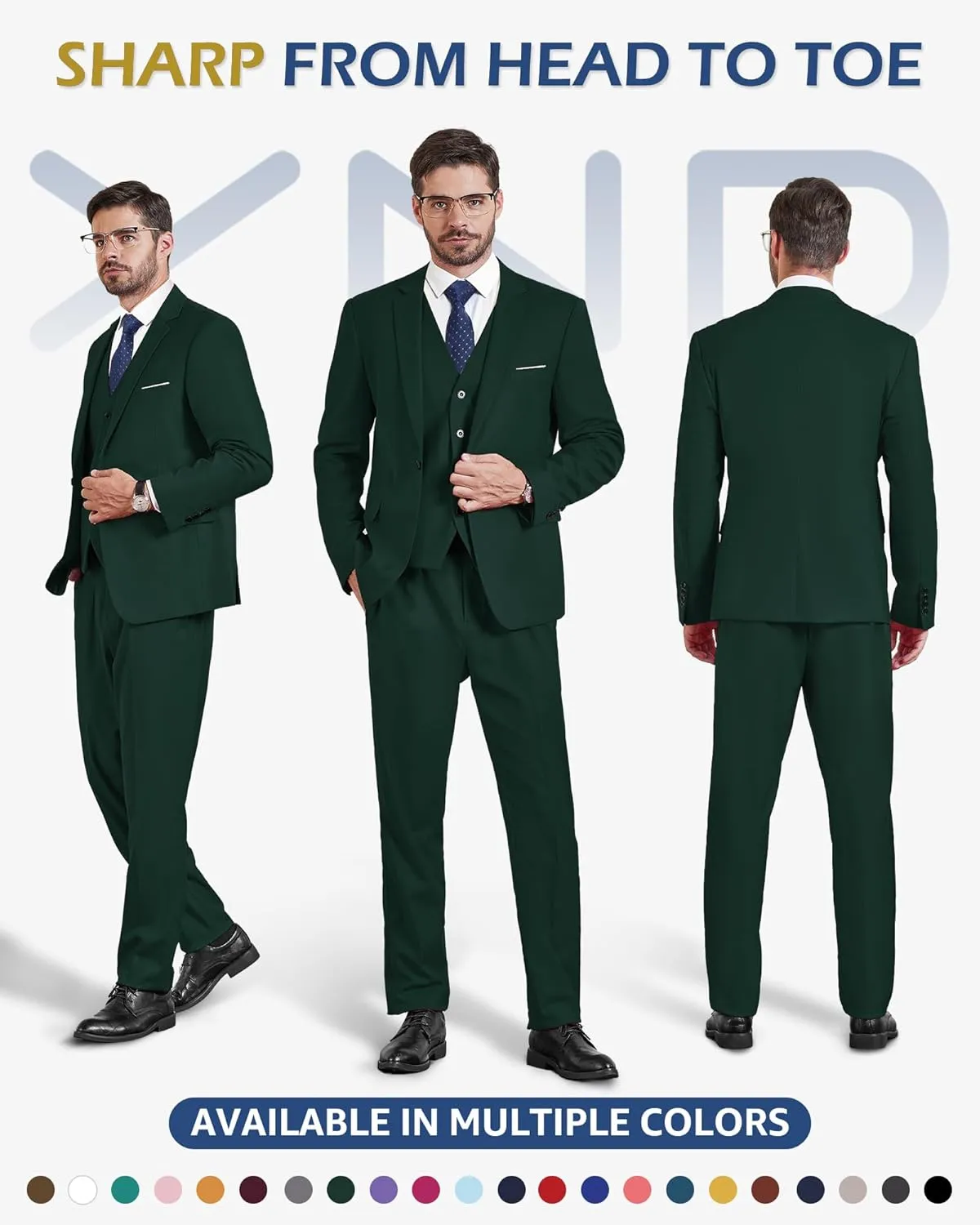 YND Men's Slim Fit 3 Piece Suit Set, One Button Solid Blazer Vest Pants with Tie