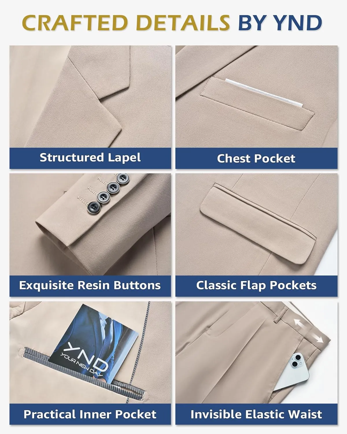 YND Men's Slim Fit 3 Piece Suit Set, One Button Solid Blazer Vest Pants with Tie