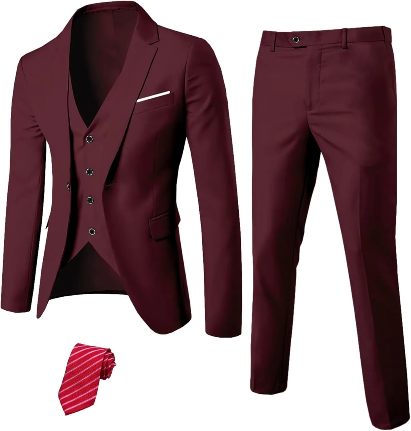 YND Men's Slim Fit 3 Piece Suit Set, One Button Solid Blazer Vest Pants with Tie