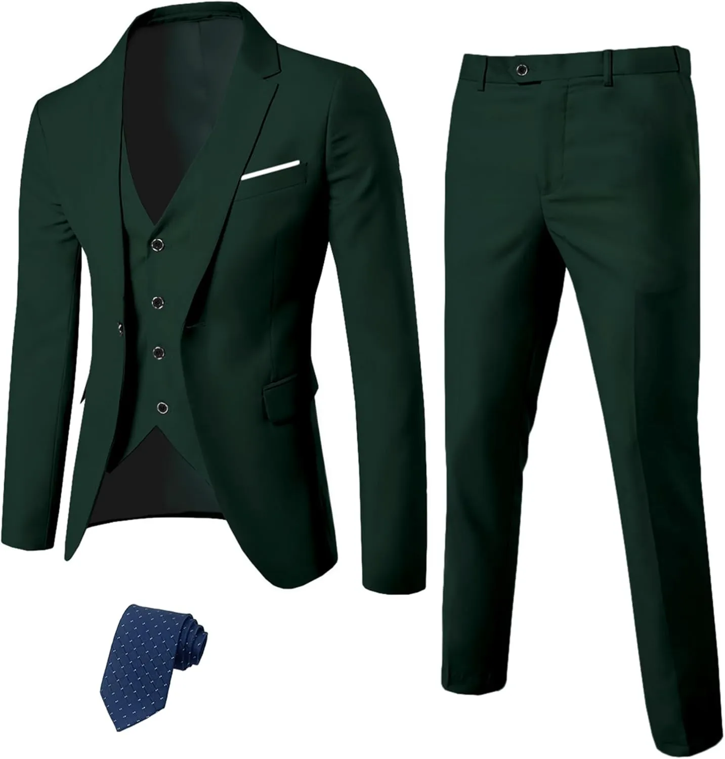 YND Men's Slim Fit 3 Piece Suit Set, One Button Solid Blazer Vest Pants with Tie