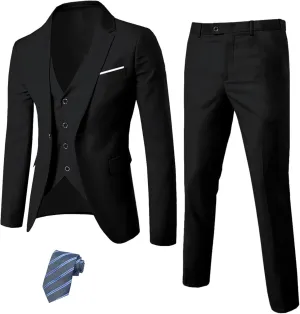 YND Men's Slim Fit 3 Piece Suit Set, One Button Solid Blazer Vest Pants with Tie