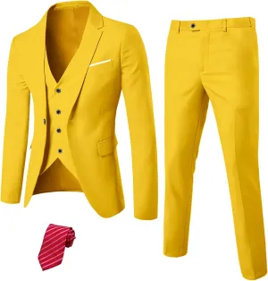 YND Men's Slim Fit 3 Piece Suit Set, One Button Solid Blazer Vest Pants with Tie