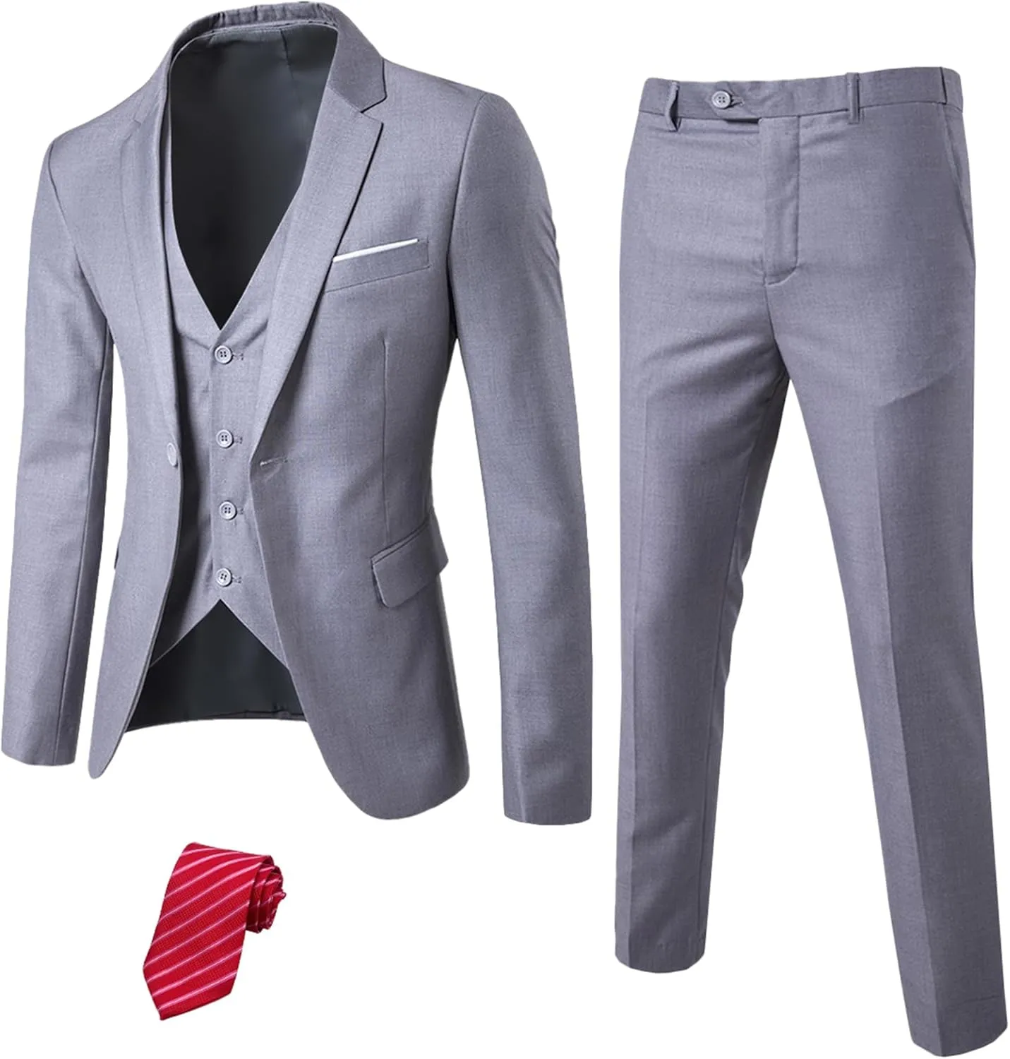 YND Men's Slim Fit 3 Piece Suit Set, One Button Solid Blazer Vest Pants with Tie