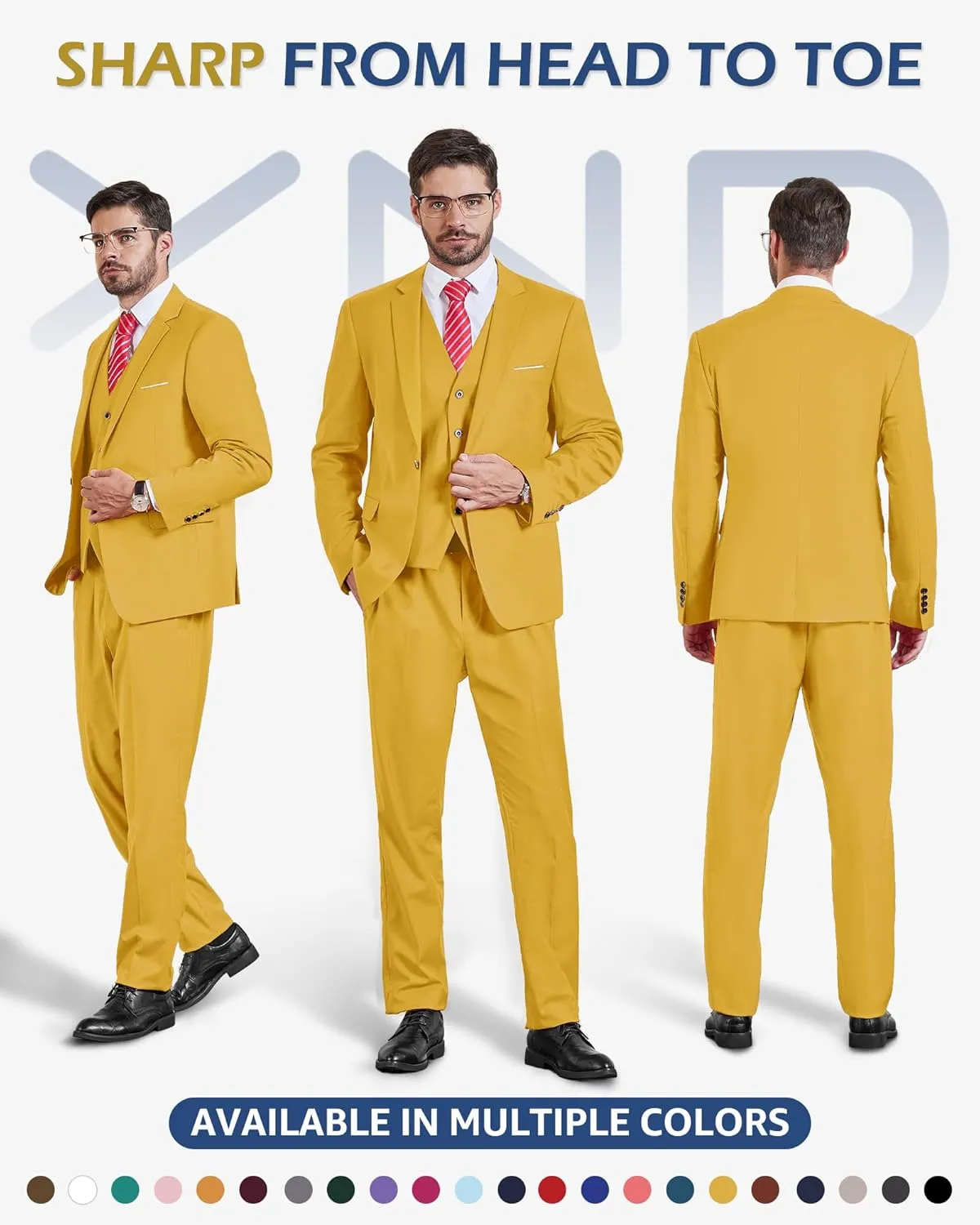 YND Men's Slim Fit 3 Piece Suit Set, One Button Solid Blazer Vest Pants with Tie