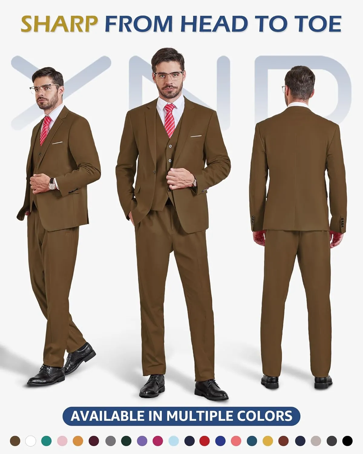 YND Men's Slim Fit 3 Piece Suit Set, One Button Solid Blazer Vest Pants with Tie
