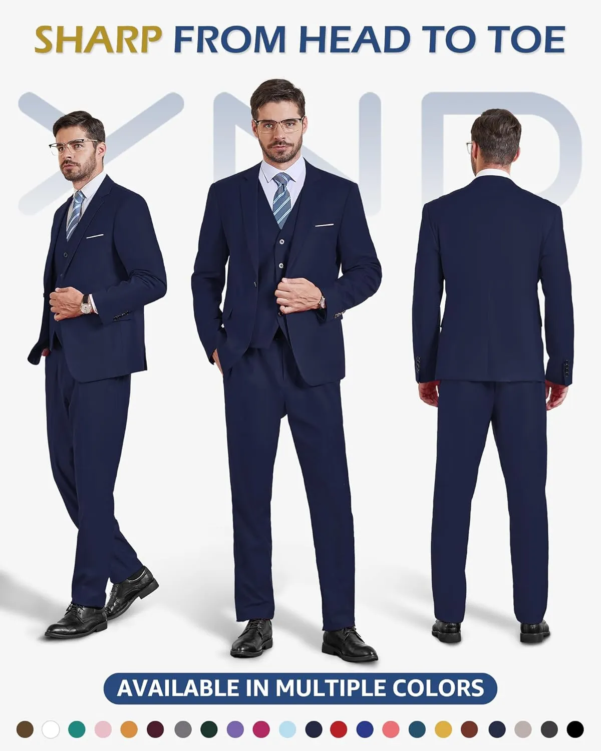 YND Men's Slim Fit 3 Piece Suit Set, One Button Solid Blazer Vest Pants with Tie