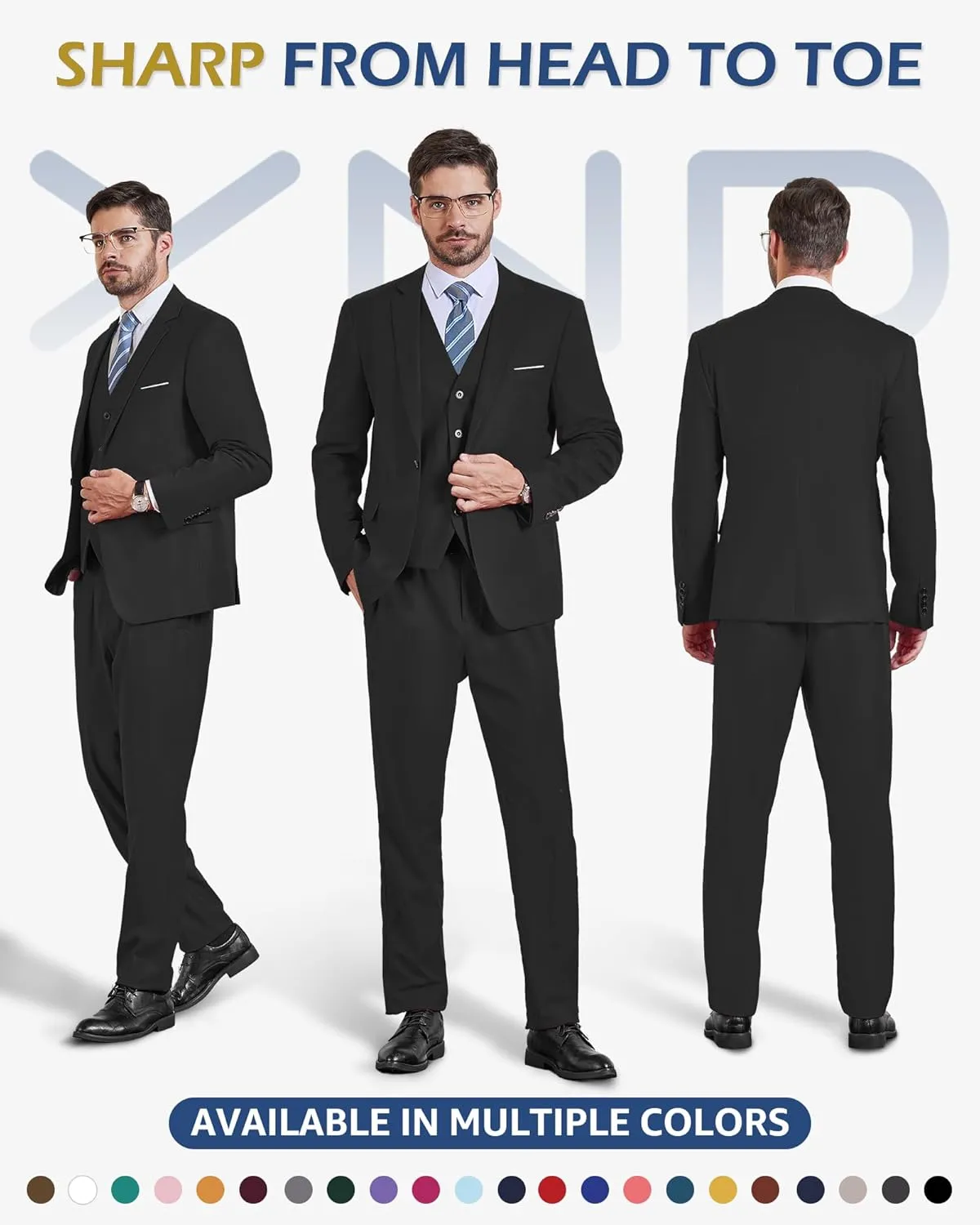 YND Men's Slim Fit 3 Piece Suit Set, One Button Solid Blazer Vest Pants with Tie