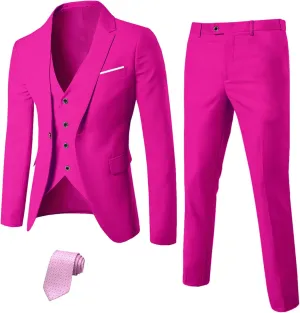 YND Men's Slim Fit 3 Piece Suit Set, One Button Solid Blazer Vest Pants with Tie