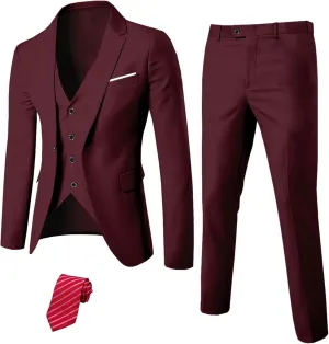 YND Men's Slim Fit 3 Piece Suit Set, One Button Solid Blazer Vest Pants with Tie
