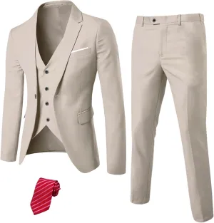 YND Men's Slim Fit 3 Piece Suit Set, One Button Solid Blazer Vest Pants with Tie