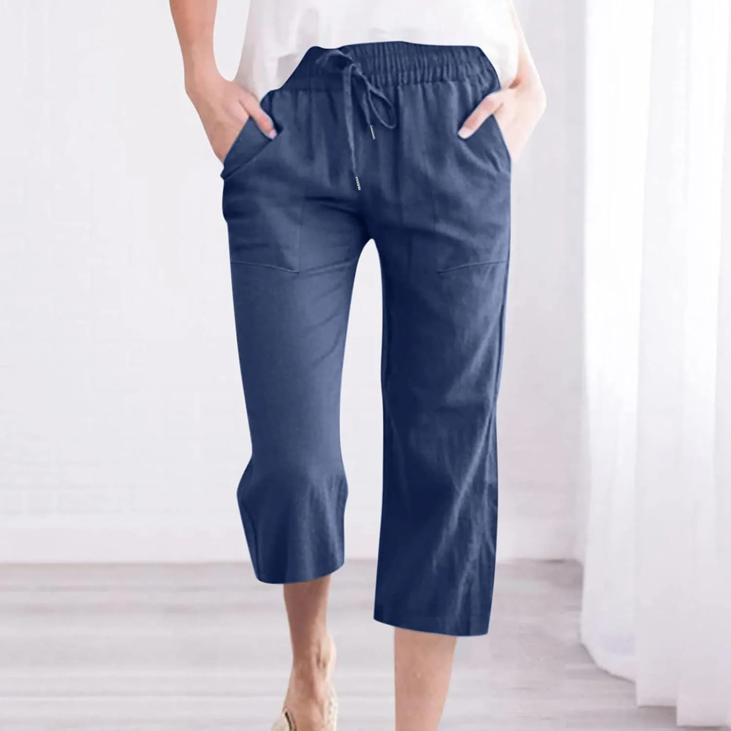 YRAETENM Linen Pants Women Summer Drawstring Elastic High Waist Capri Pants Casual Straight Wide Leg Trouser Wirh Pockets