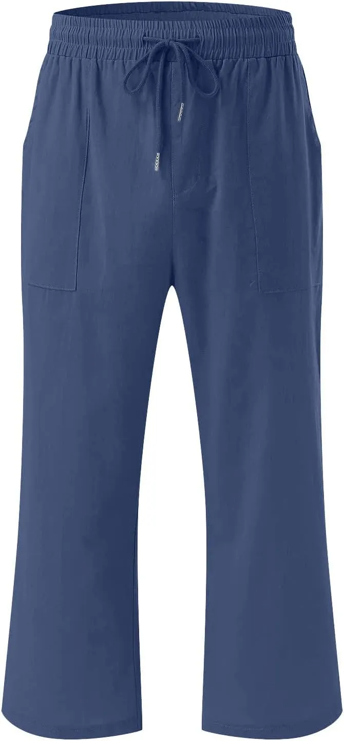 YRAETENM Linen Pants Women Summer Drawstring Elastic High Waist Capri Pants Casual Straight Wide Leg Trouser Wirh Pockets