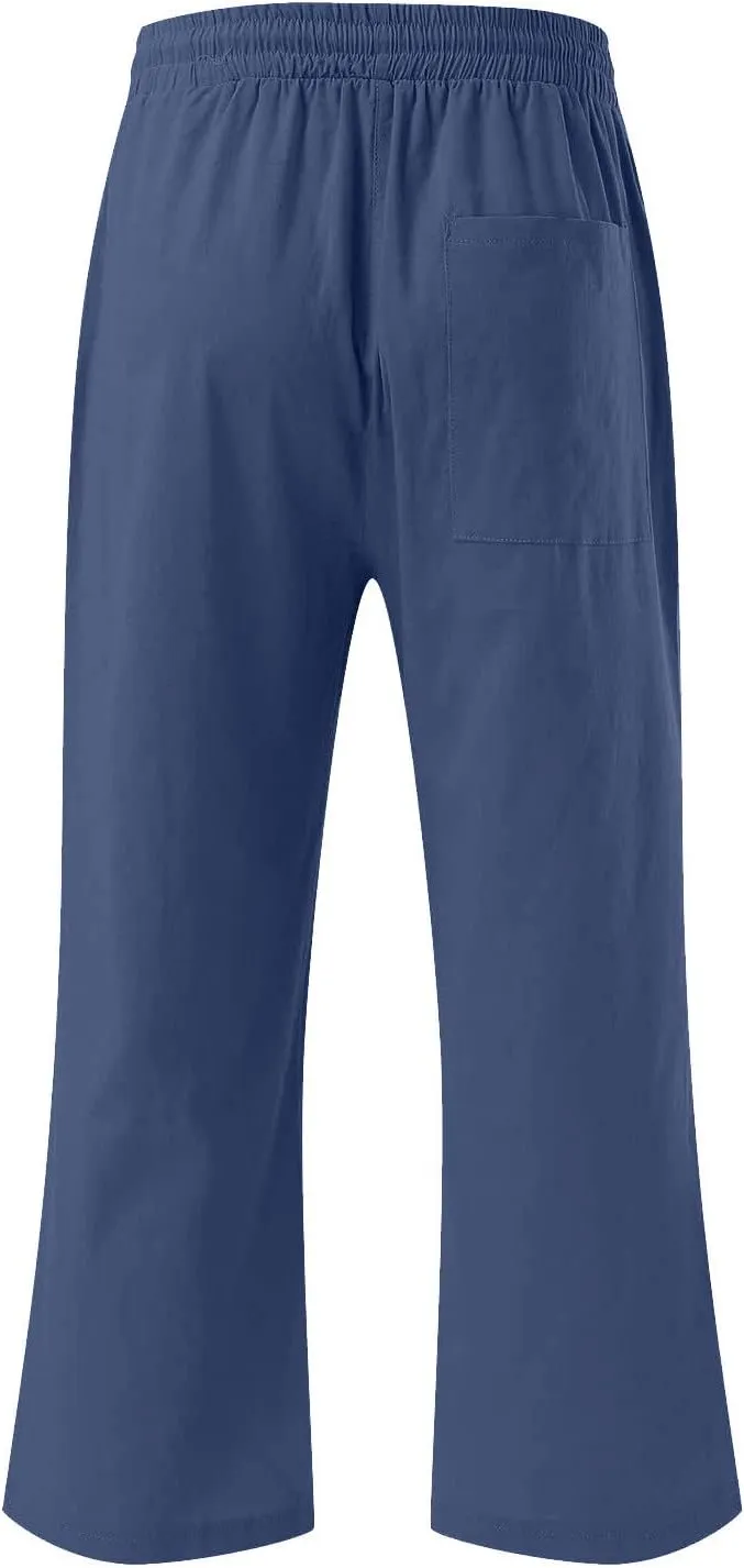 YRAETENM Linen Pants Women Summer Drawstring Elastic High Waist Capri Pants Casual Straight Wide Leg Trouser Wirh Pockets