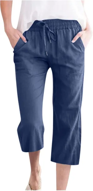 YRAETENM Linen Pants Women Summer Drawstring Elastic High Waist Capri Pants Casual Straight Wide Leg Trouser Wirh Pockets