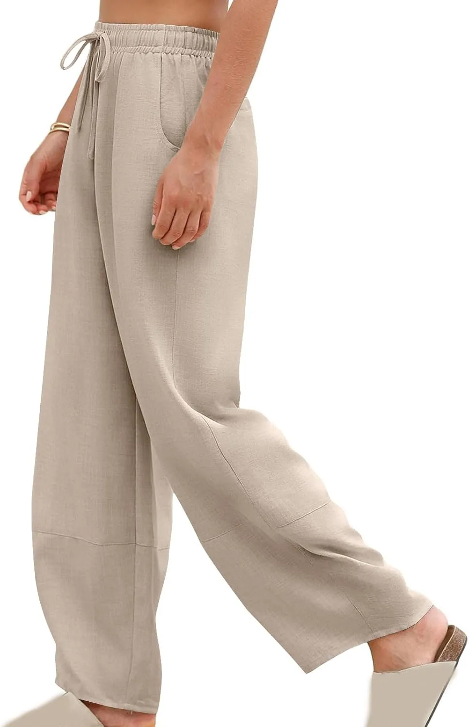 YRAETENM Women's Linen Pants Summer Drawstring High Waisted Solid Beach Pants Casual Wide Leg Lounge Trousers with Pockets