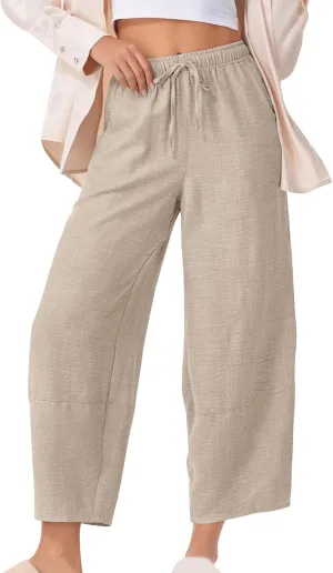 YRAETENM Women's Linen Pants Summer Drawstring High Waisted Solid Beach Pants Casual Wide Leg Lounge Trousers with Pockets