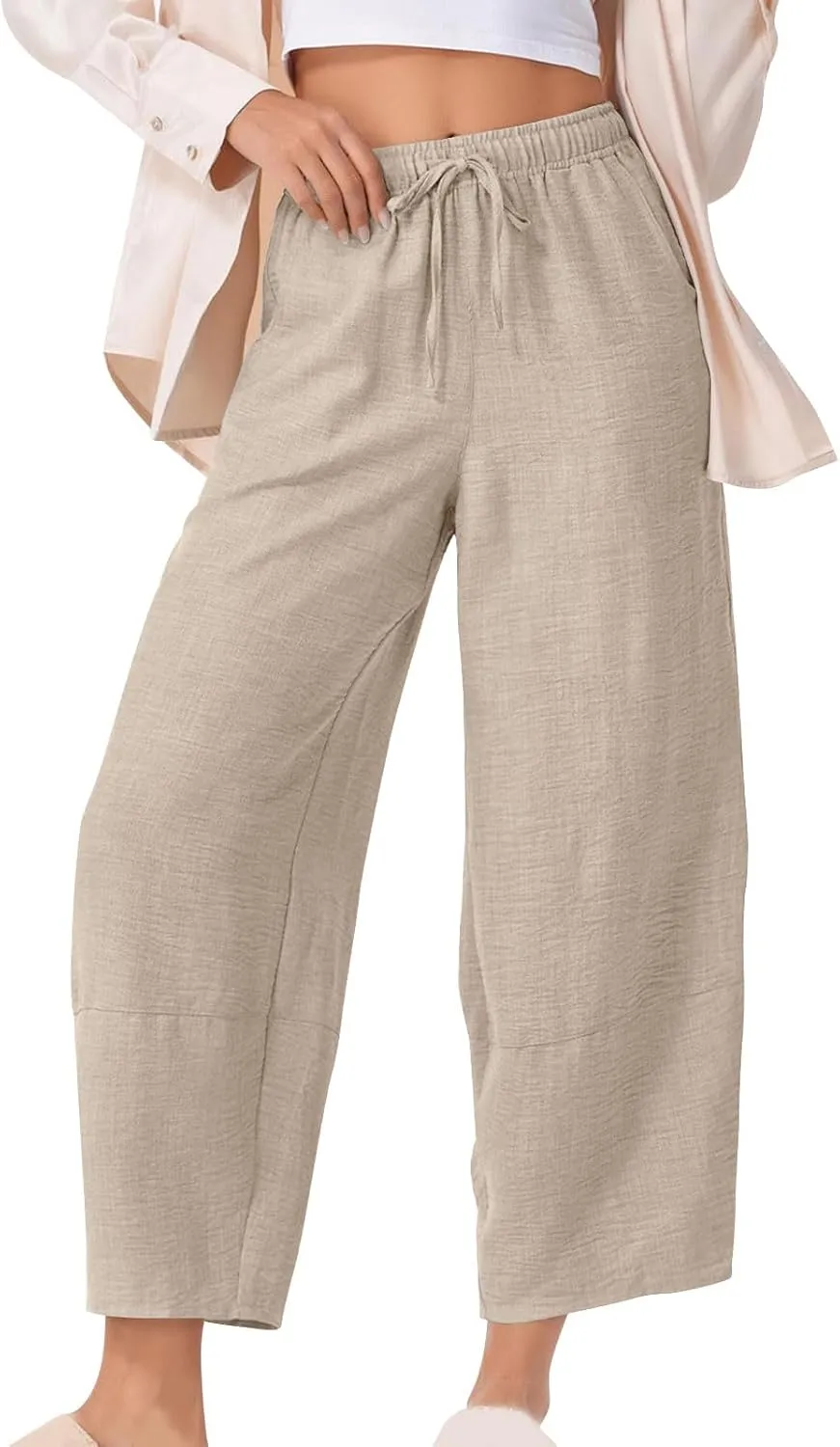 YRAETENM Women's Linen Pants Summer Drawstring High Waisted Solid Beach Pants Casual Wide Leg Lounge Trousers with Pockets