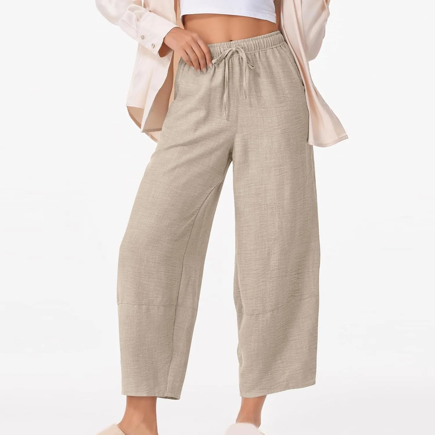 YRAETENM Women's Linen Pants Summer Drawstring High Waisted Solid Beach Pants Casual Wide Leg Lounge Trousers with Pockets