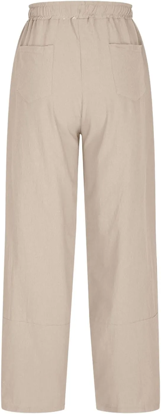 YRAETENM Women's Linen Pants Summer Drawstring High Waisted Solid Beach Pants Casual Wide Leg Lounge Trousers with Pockets