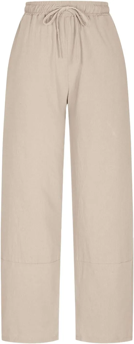 YRAETENM Women's Linen Pants Summer Drawstring High Waisted Solid Beach Pants Casual Wide Leg Lounge Trousers with Pockets