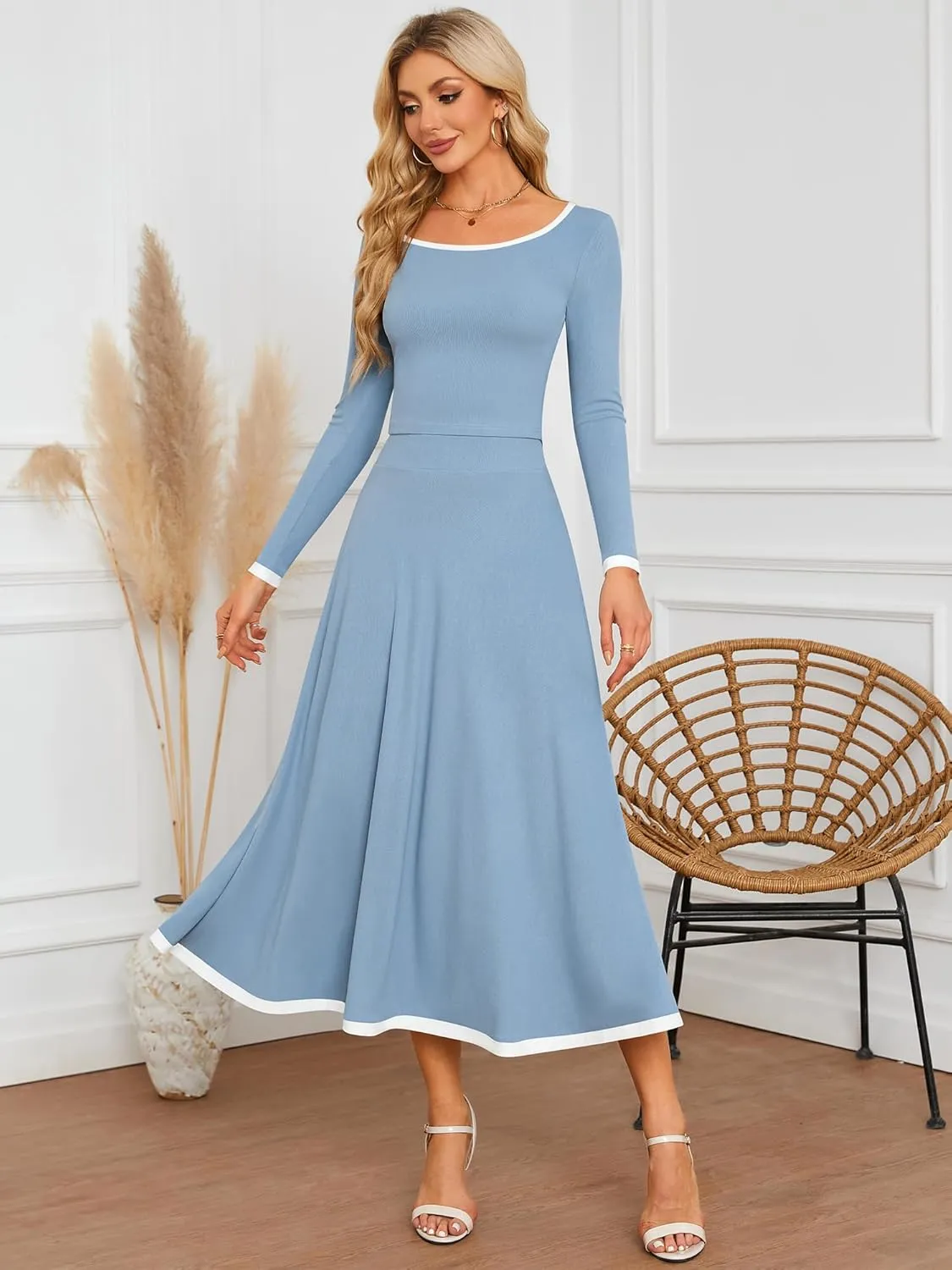 ZAFUL Two Piece Skirt Sets For Women 2024 Trendy Fall Outfits Square Neck Long Sleeve Crop Top Flowy Midi Skirt Set