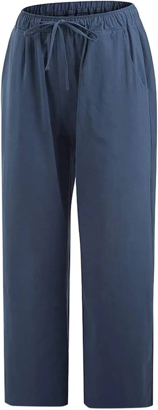 ZDRZK Lightweight Summer Pants Women Casual Cotton Linen Cropped Pants Elastic Waist Drawstring Wide Leg Capris Trousers