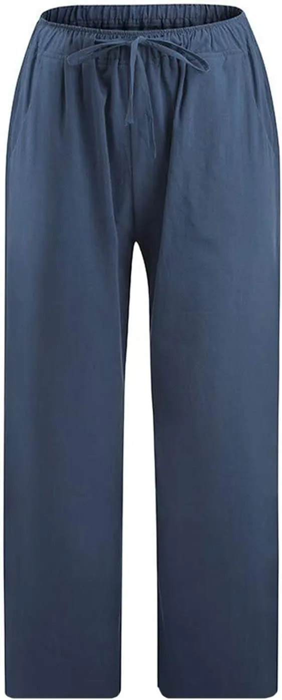 ZDRZK Lightweight Summer Pants Women Casual Cotton Linen Cropped Pants Elastic Waist Drawstring Wide Leg Capris Trousers