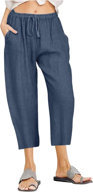 ZDRZK Lightweight Summer Pants Women Casual Cotton Linen Cropped Pants Elastic Waist Drawstring Wide Leg Capris Trousers