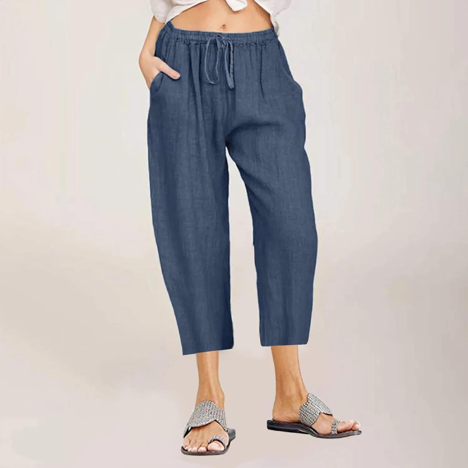 ZDRZK Lightweight Summer Pants Women Casual Cotton Linen Cropped Pants Elastic Waist Drawstring Wide Leg Capris Trousers