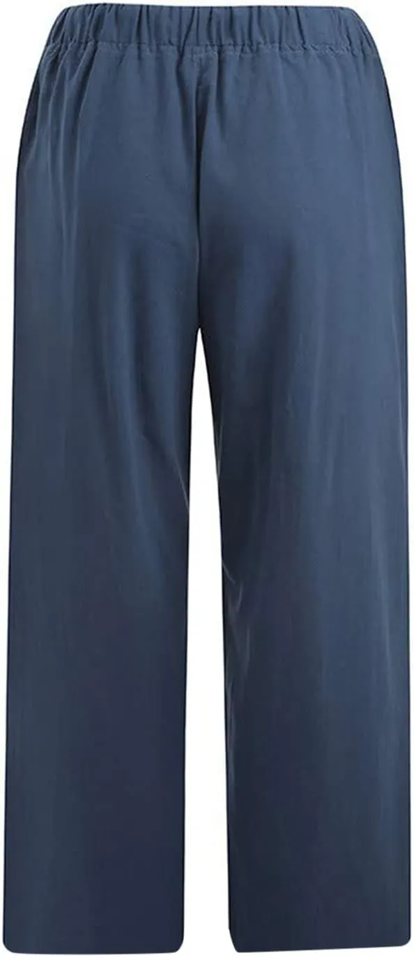 ZDRZK Lightweight Summer Pants Women Casual Cotton Linen Cropped Pants Elastic Waist Drawstring Wide Leg Capris Trousers