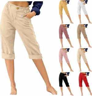 ZDRZK Summer Pants for Women 2023 Trendy High Waist Wide Leg Linen Capri Pant Loose Comfy Capris Trousers with Pockets