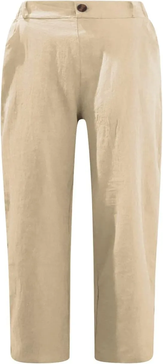 ZDRZK Summer Pants for Women 2023 Trendy High Waist Wide Leg Linen Capri Pant Loose Comfy Capris Trousers with Pockets