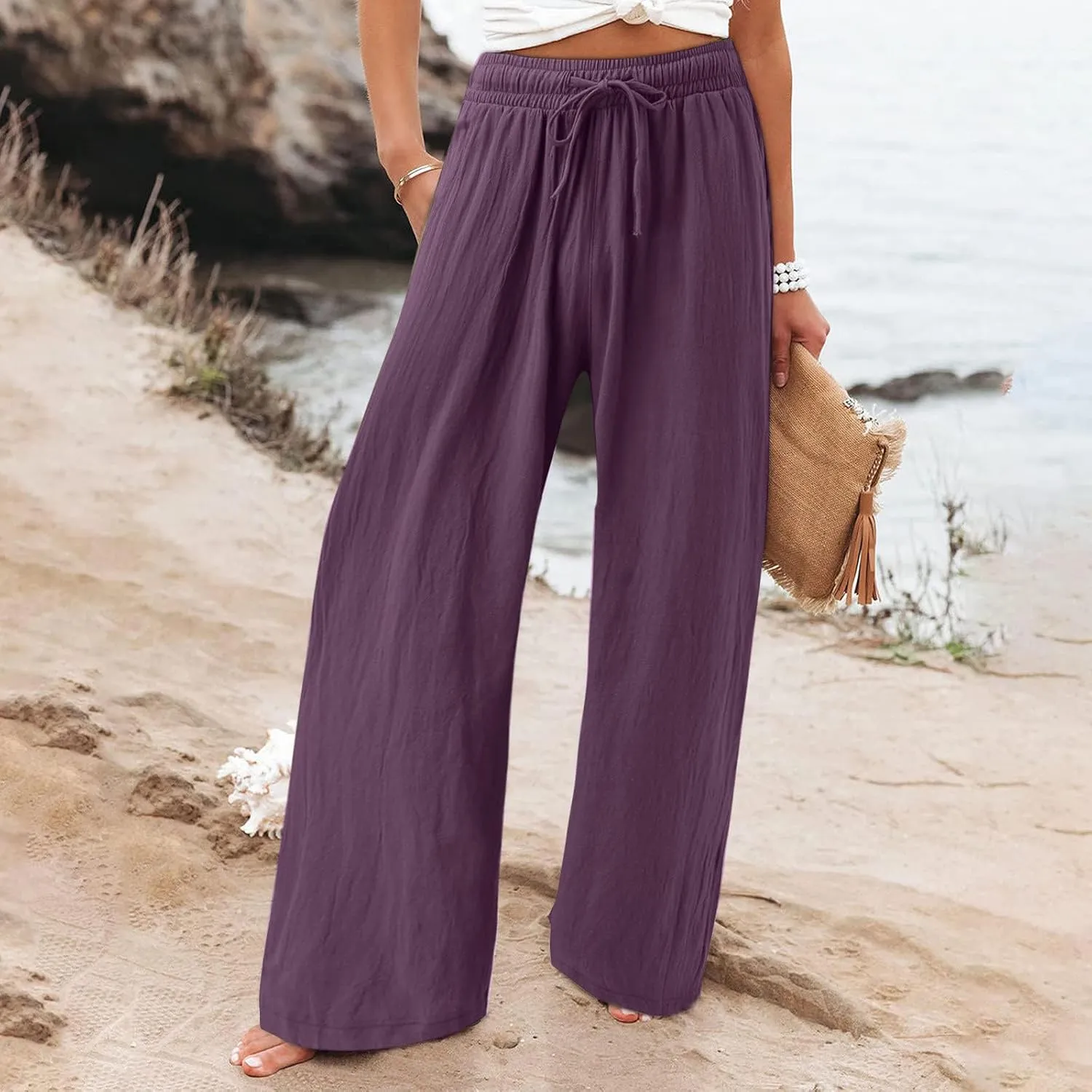 ZDRZK Women Summer High Waisted Cotton Linen Flowy Palazzo Pants Wide Leg Long Lounge Pant Trousers with Pockets