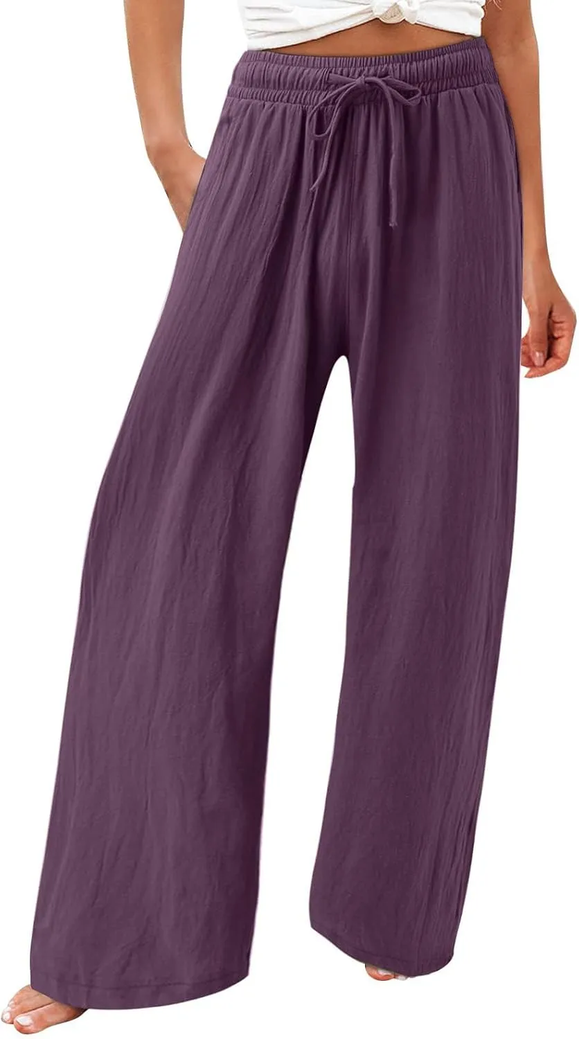 ZDRZK Women Summer High Waisted Cotton Linen Flowy Palazzo Pants Wide Leg Long Lounge Pant Trousers with Pockets