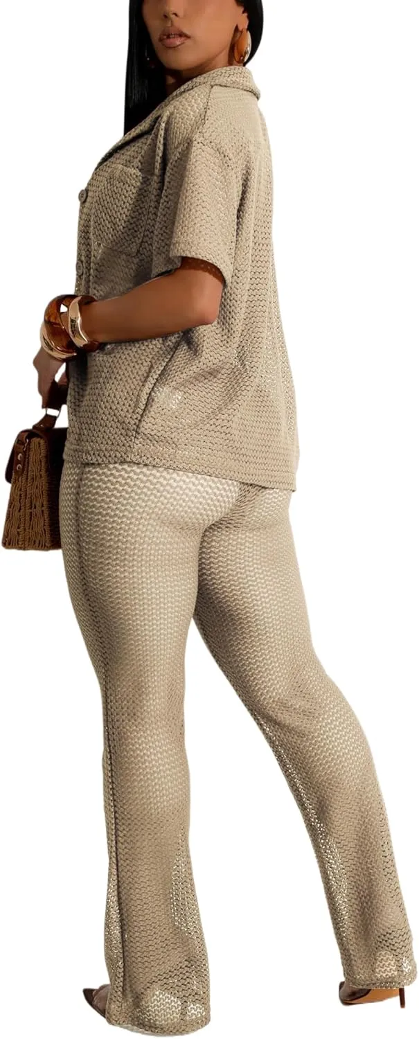 ZERMOM Women's 2 Piece Crochet Outfits Hollow Out Swimsuit Button Up Tops Wide Leg Pants Beach Sets