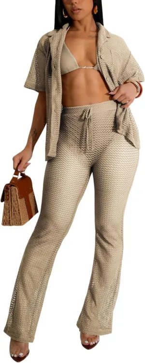 ZERMOM Women's 2 Piece Crochet Outfits Hollow Out Swimsuit Button Up Tops Wide Leg Pants Beach Sets
