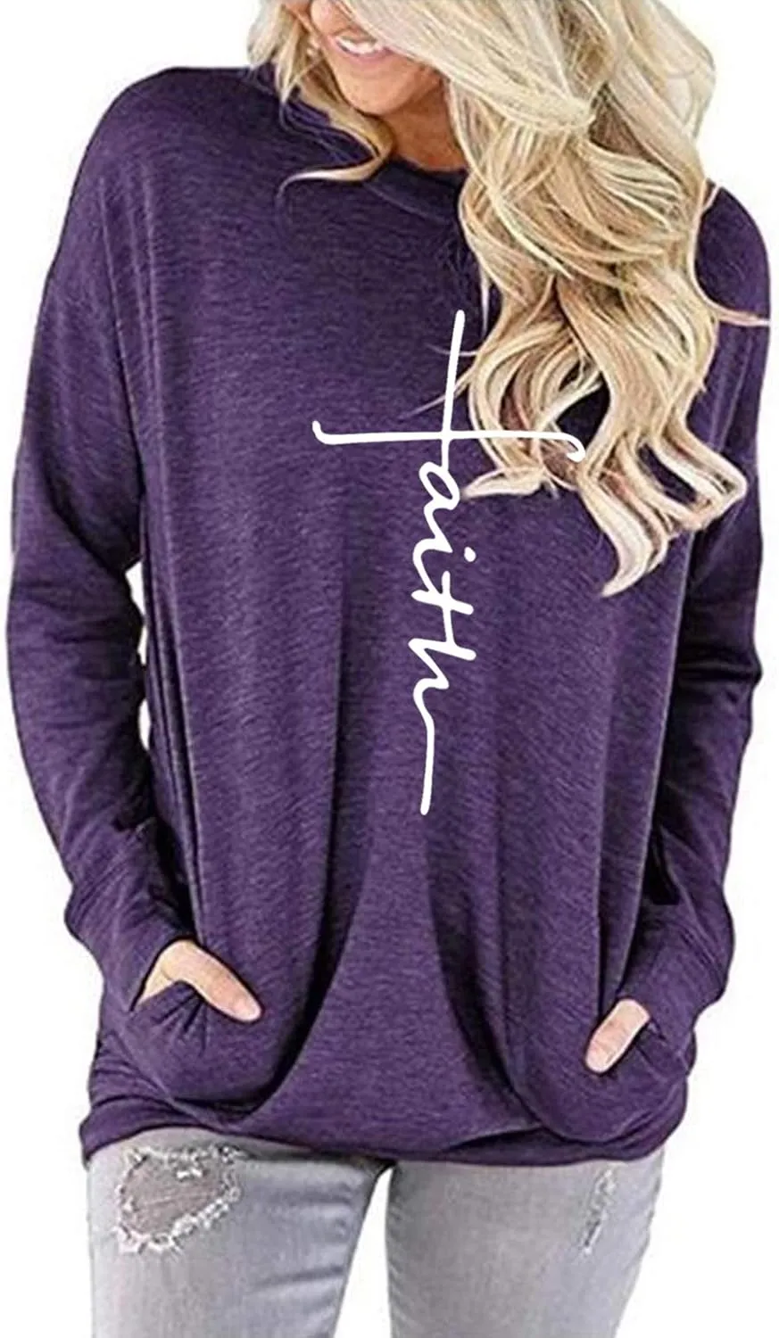 ZILIN Women's Casual Letter Print Crewneck T-Shirt Long Sleeve Tunic Tops Sweatshirt with Pockets