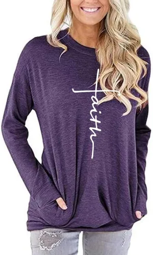 ZILIN Women's Casual Letter Print Crewneck T-Shirt Long Sleeve Tunic Tops Sweatshirt with Pockets