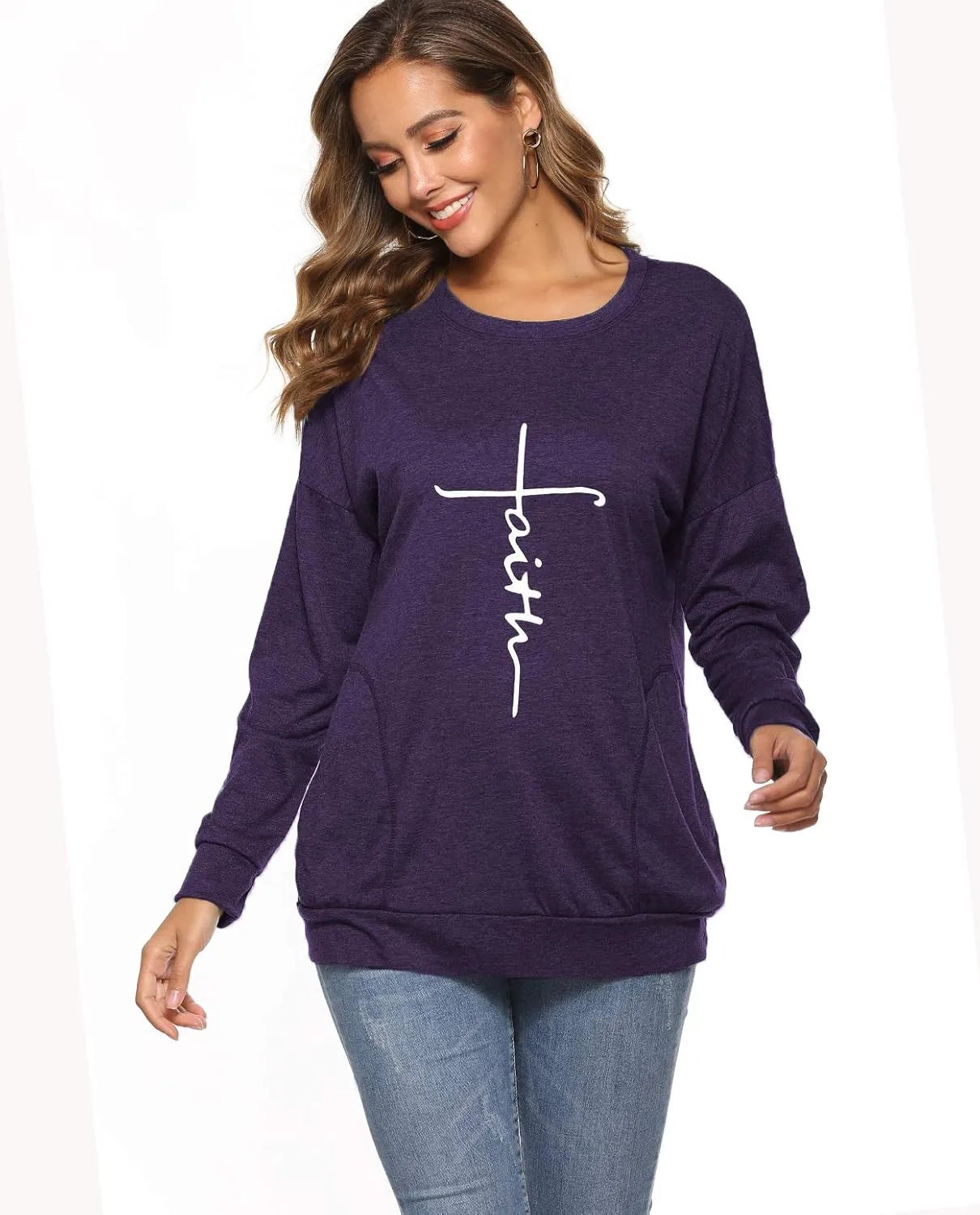 ZILIN Women's Casual Letter Print Crewneck T-Shirt Long Sleeve Tunic Tops Sweatshirt with Pockets