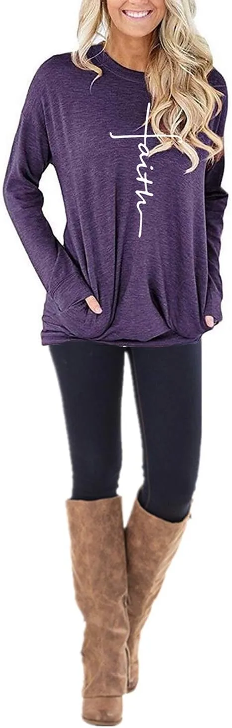 ZILIN Women's Casual Letter Print Crewneck T-Shirt Long Sleeve Tunic Tops Sweatshirt with Pockets