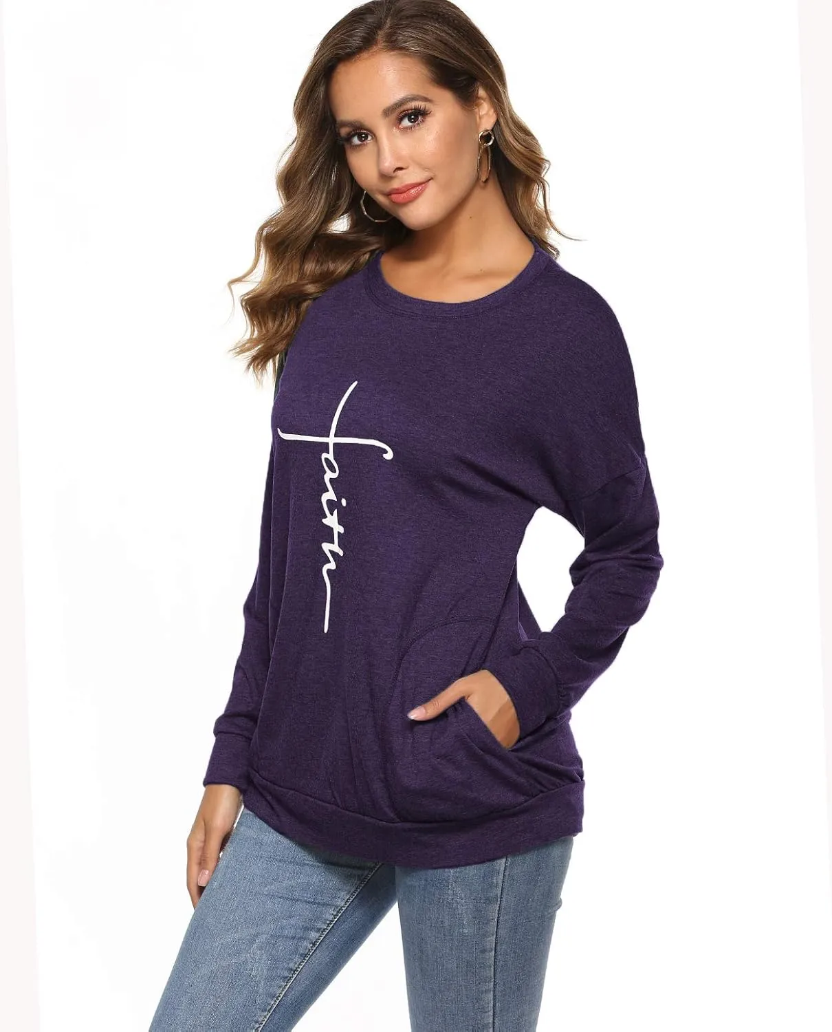 ZILIN Women's Casual Letter Print Crewneck T-Shirt Long Sleeve Tunic Tops Sweatshirt with Pockets