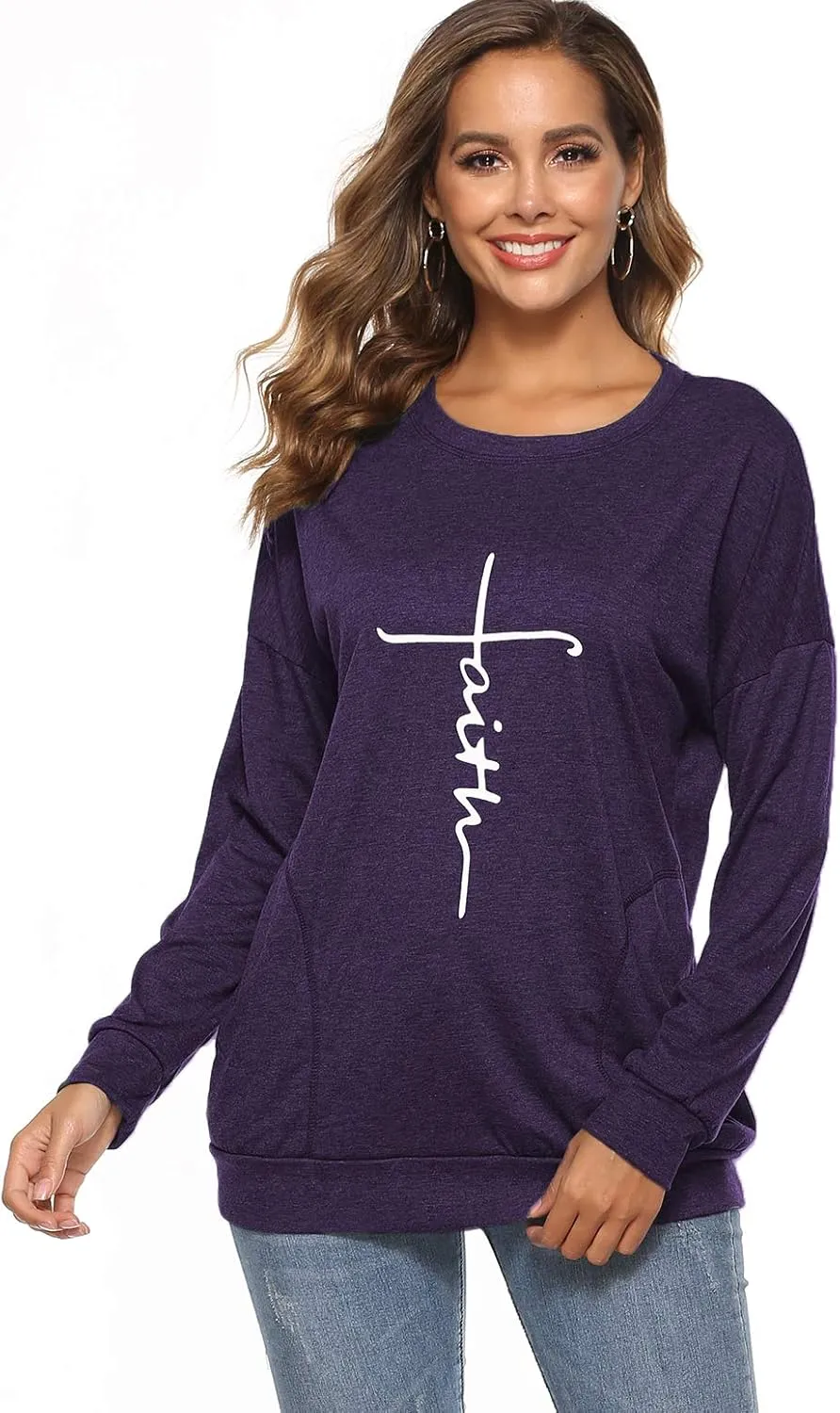 ZILIN Women's Casual Letter Print Crewneck T-Shirt Long Sleeve Tunic Tops Sweatshirt with Pockets