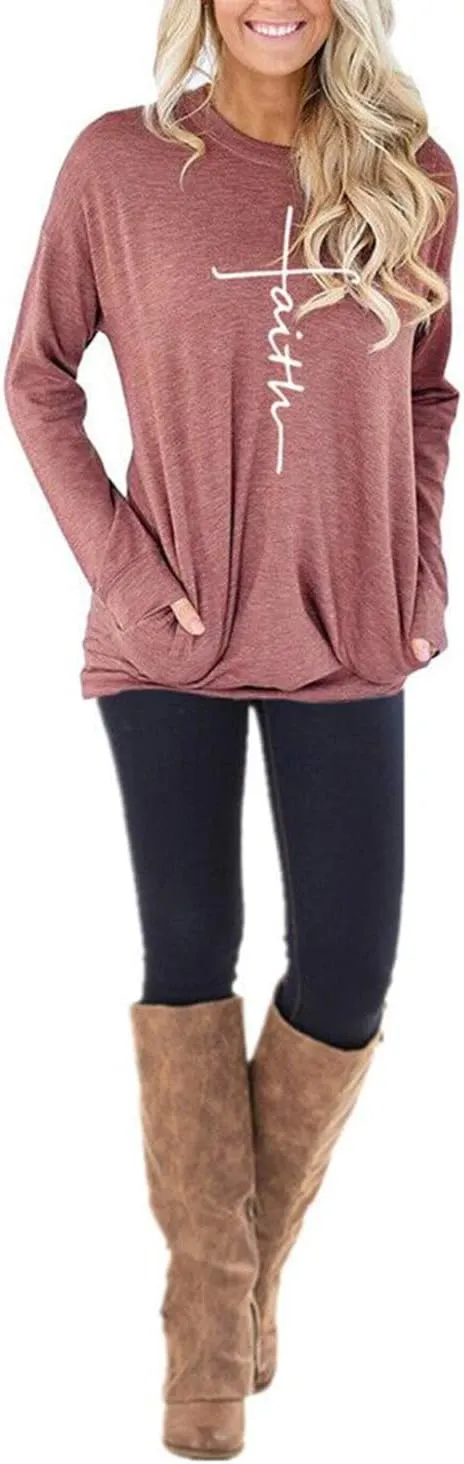 ZILIN Women's Casual Letter Print Crewneck T-Shirt Long Sleeve Tunic Tops Sweatshirt with Pockets