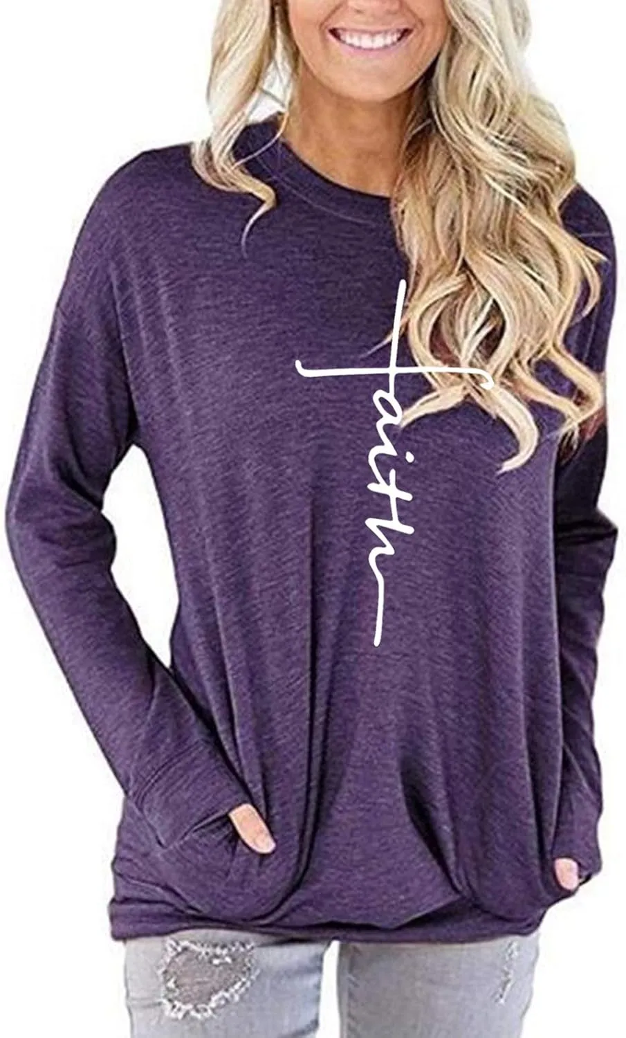 ZILIN Women's Casual Letter Print Crewneck T-Shirt Long Sleeve Tunic Tops Sweatshirt with Pockets