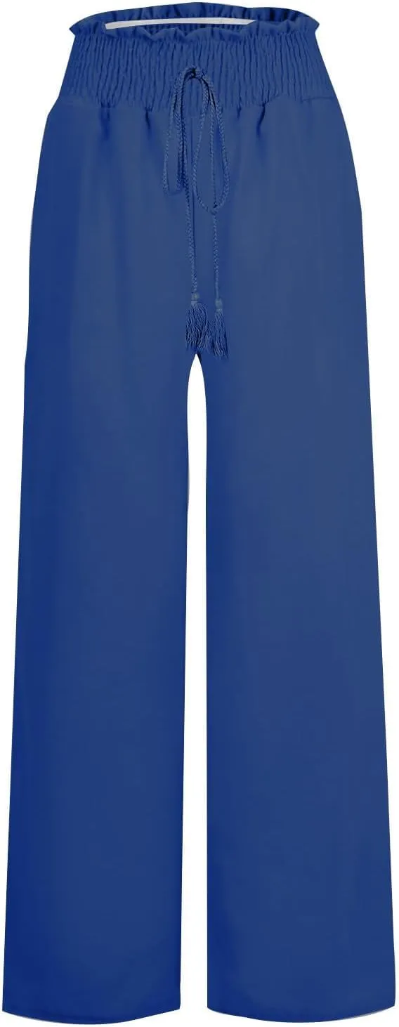 ZWRXW Linen Pants Women Summer Casual Palazzo Beach Pant Loose Lounge Pant High Waisted Adjustable Tie Knot Flowy Trouser