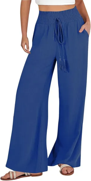 ZWRXW Linen Pants Women Summer Casual Palazzo Beach Pant Loose Lounge Pant High Waisted Adjustable Tie Knot Flowy Trouser