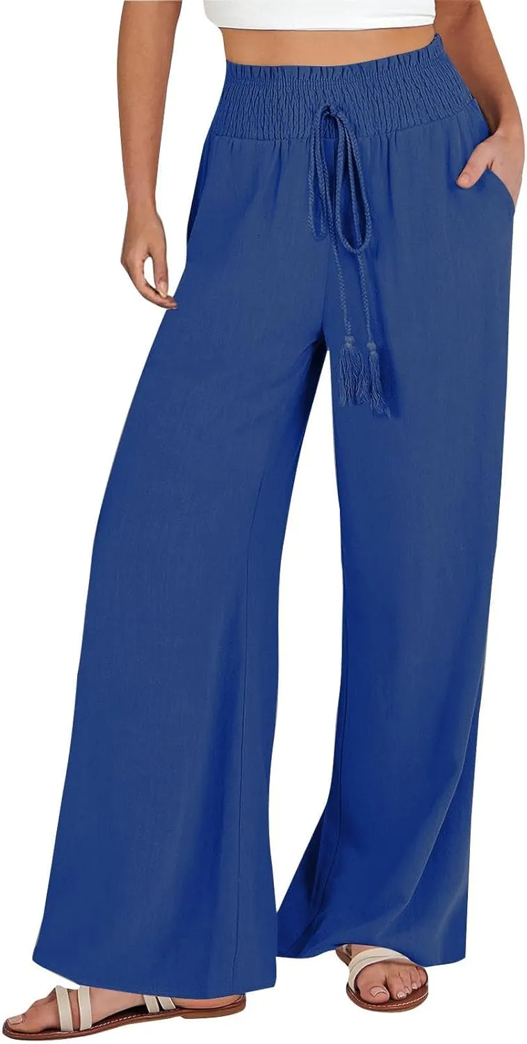 ZWRXW Linen Pants Women Summer Casual Palazzo Beach Pant Loose Lounge Pant High Waisted Adjustable Tie Knot Flowy Trouser