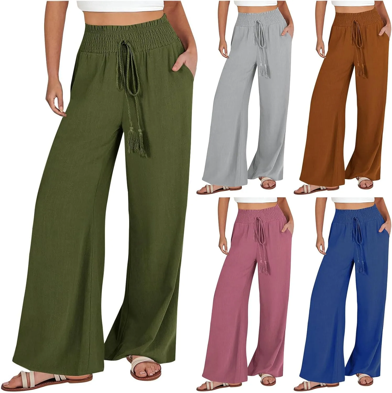ZWRXW Linen Pants Women Summer Casual Palazzo Beach Pant Loose Lounge Pant High Waisted Adjustable Tie Knot Flowy Trouser